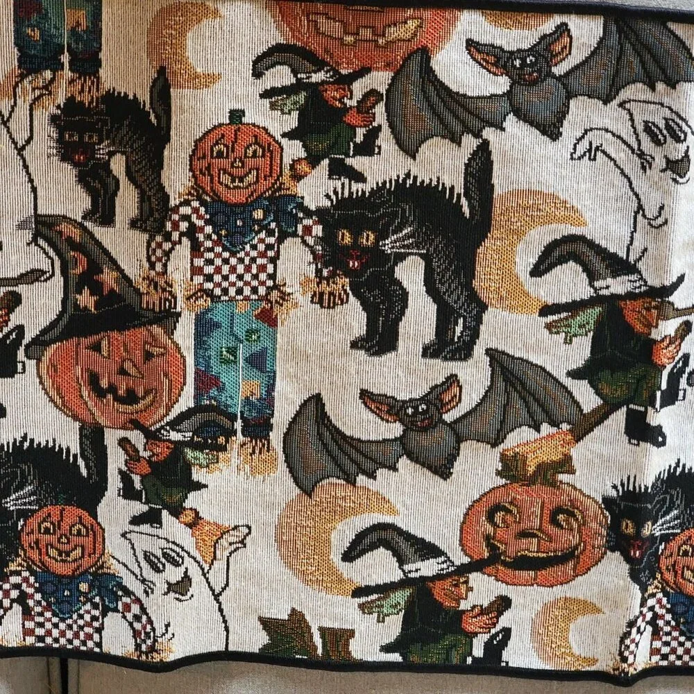 Vtg Halloween-Themed Tapestry Table Runner With Black Tassel Ends - Picture 8 of 11